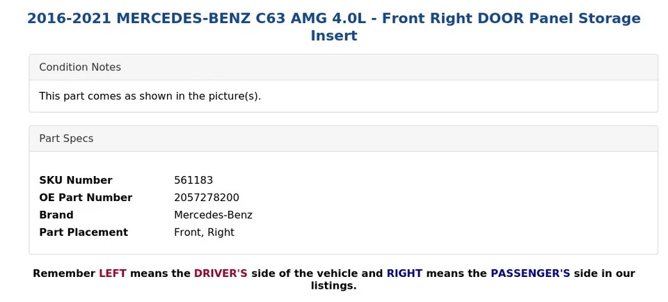 2016-2021 MERCEDES-BENZ C63 AMG 4.0L - Front Right DOOR Panel Storage Insert - Image 3 of 4