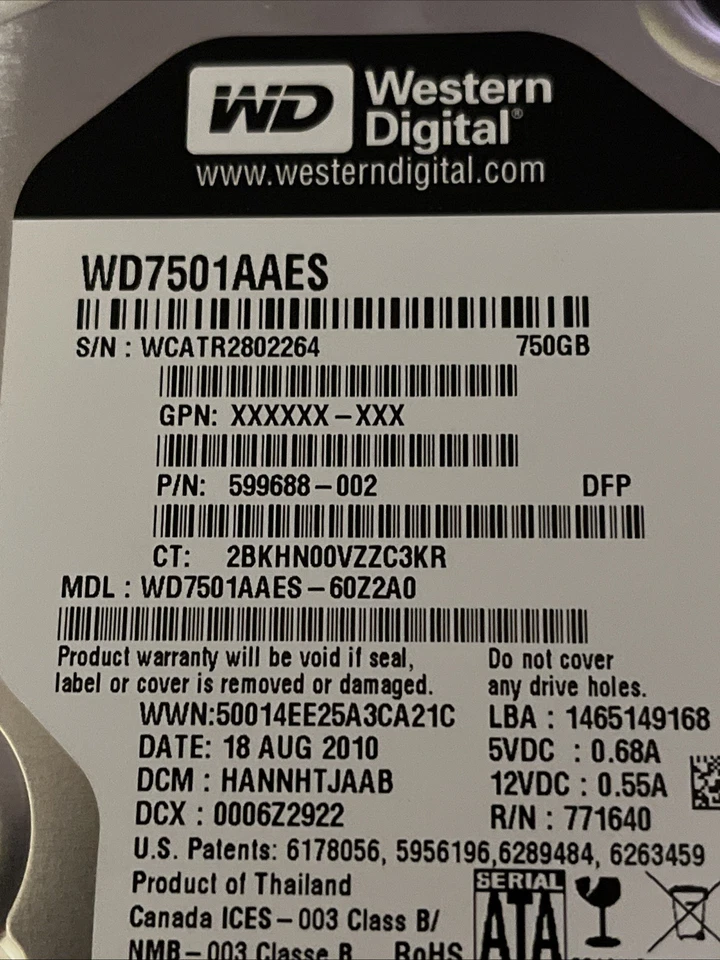 Western Digital 750GB 3.5 SATA HDD Black Caviar WD7501AAES 60z2a0 Hard Drive - Image 3 of 4