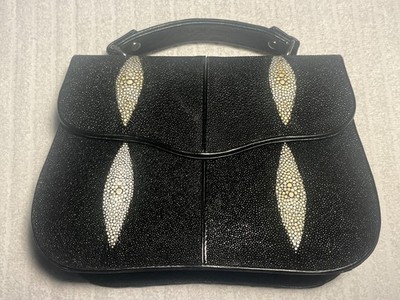 Black Cross Body Bag Exotic Stingray Leather Removable Adjustable Strap NWOT