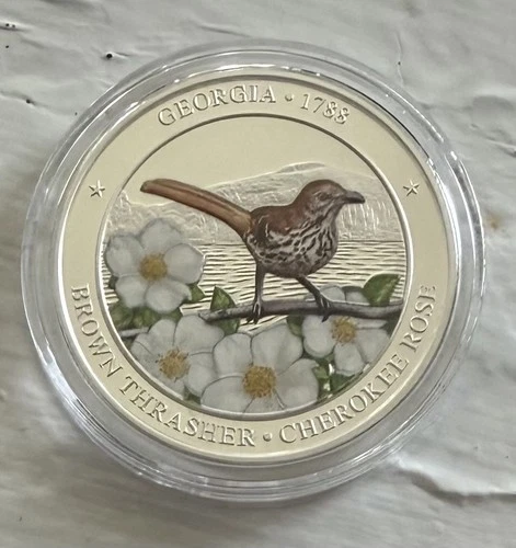 Georgia Brown Thrasher Cherokee Rose Silver Round 1 Troy Ounce .999 Fine