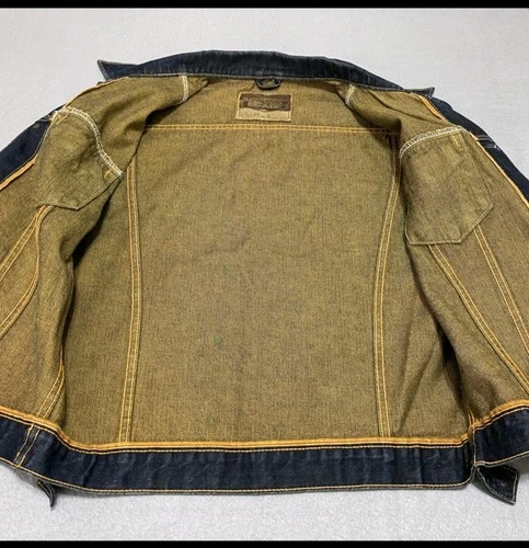 Big John Mens Dark Wash Denim Trucker Jacket Indigo Workwear L Salvaged Japan image 4