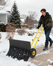 Rolling Snow Shovel with Wheels 29x20in Wide Metal Blade Snow Pusher Driveway