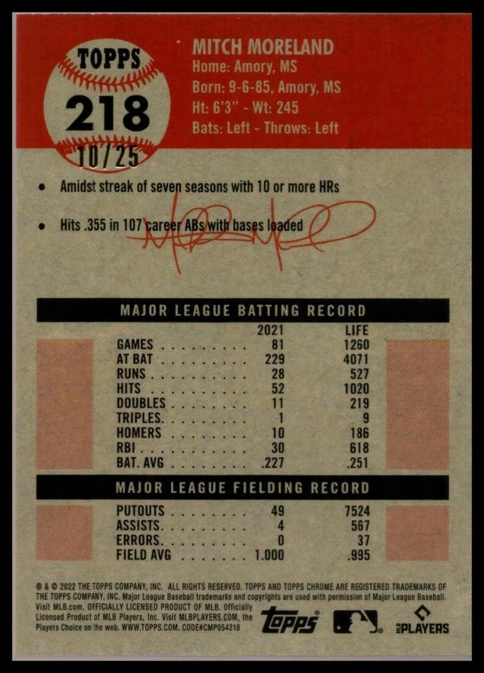 2022 Topps Chrome Platinum Orange Refractor #218 Mitch Moreland Athletics /25 - Imagem 2 de 2