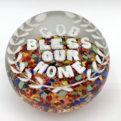 Vintage God bless Our Home Glass Confetti Paperweight