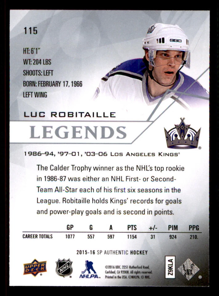 2015-16 SP Authentic #115 Luc Robitaille - Image 2 of 2