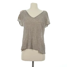 Lucky Brand Beige 100% Linen Striped Button Shoulder V-Neck Shirt Top Size Small