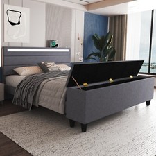Full Queen Bed Frame with Upholstered Headboard   LED Lights   Charging Station