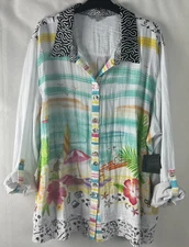 John Mark Women's Top Size 3X Plus Blouse Roll-Up Sleeve Beach Multicolor B17