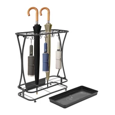 Metal Umbrella Holder Stand Rack Organizer + Drip Tray (18 Slots 20 Hooks) Black