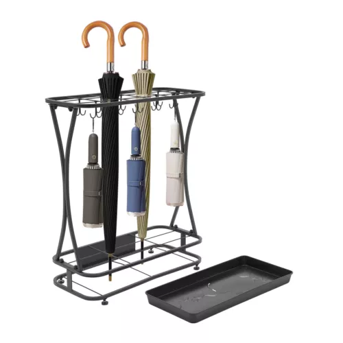 Metal Umbrella Holder Stand Rack Organizer + Drip Tray (18 Slots 20 Hooks) Black - Foto 2 di 6
