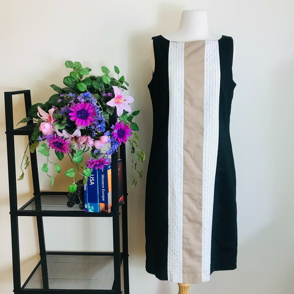 Target Womens Size 12 Black White Beige Cotton Linen Striped Shift Dress Work