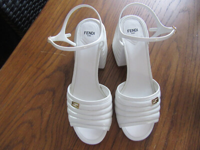 New Fendi White Leather Wedge Sandal Logo Ankle Strap 39 | eBay
