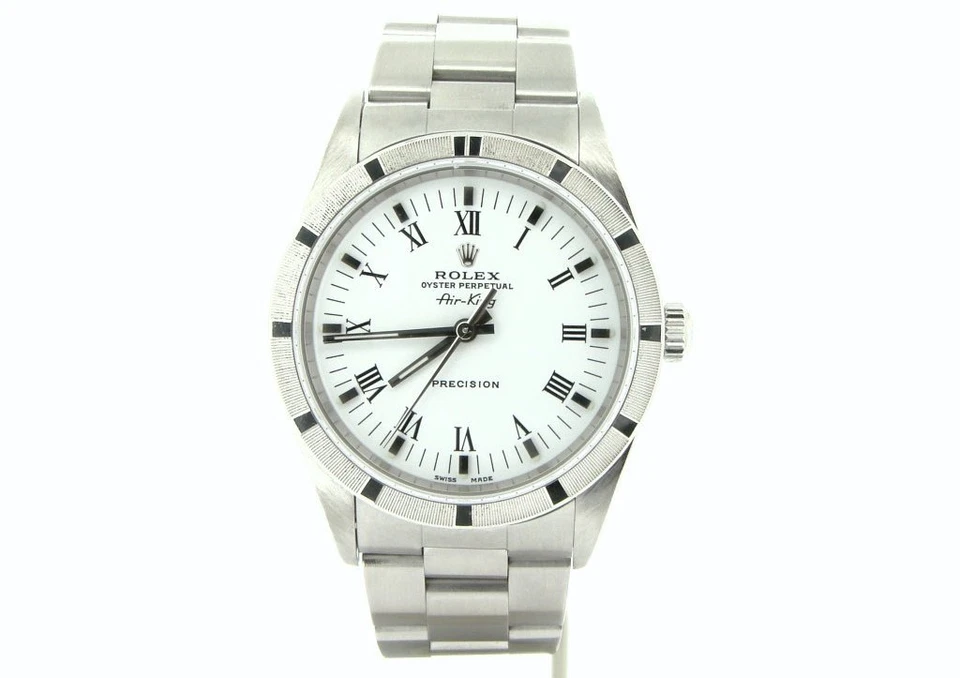 Reloj Rolex Air-King de acero inoxidable para hombre con correa Oyster esfera romana blanca 14010