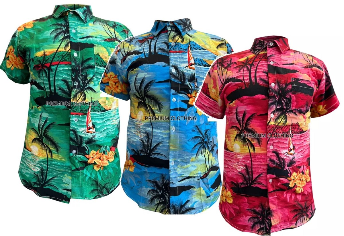 Mens Hawaiian Shirt Floral Palm Tree Sunset Surf Beach Party 