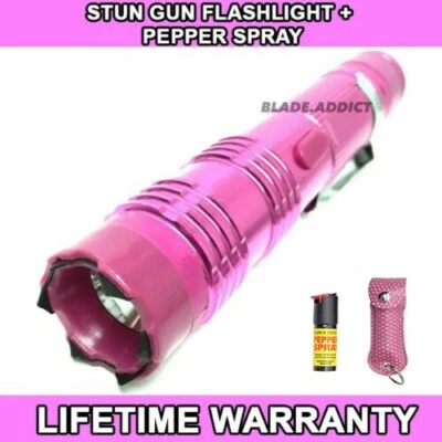 J-TAC Metal MILITARY Stun Gun PINK 260MV Rechargeable LED Flashlight w/ PEPPER SPRAY