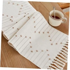  Boho Table Runner, Natural Cotton Woven Macrame Table 14×36 Inch Taupe/Ivory