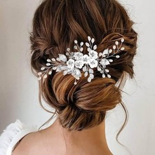 Bride Hair Comb with Flower Leaf Pearl Wedding Hair Accessories for Women