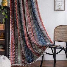 Boho Semi Blackout Curtains, Colorful Stripes with Tassel Decorative Window T...