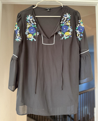 ALYX Black Floral Embroidered V-Neck Bell 3/4 Sleeve Chiffon Blouse Women M