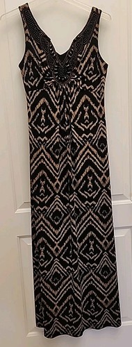 Ronni Nicole Size 6 Maxi Dress Beaded Stretch Black Brown Geometric Sleeveless - Picture 5 of 7
