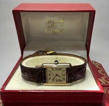 Vintage 1983 Cartier Tank Must De Argent Quartz Org. Leather Band Watch Card Box 6