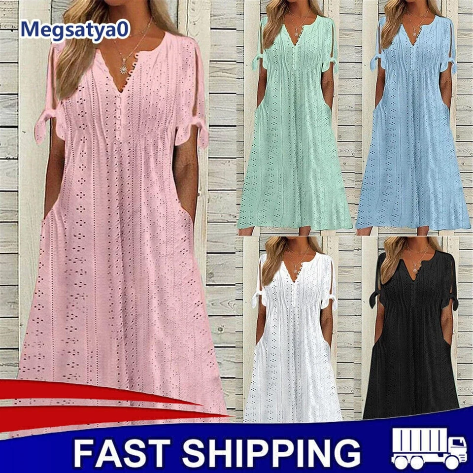Boho Women Beach Dress Midi Sundress Travel Holiday Casual Lace A-line Dress