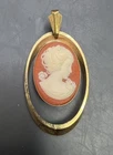 Lot Of 2 Oval Cameo Pendants Vintage Orange And Black Gold Tone Costume Jewelry