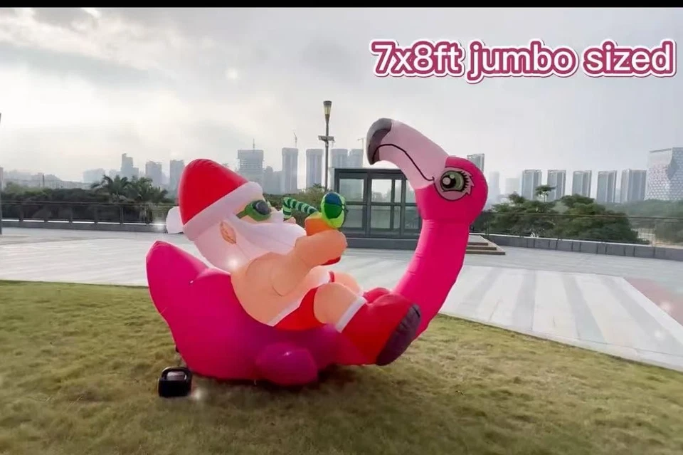 8x7ft Jumbo sized Christmas Inflatable Santa&Flamingo, Outdoor Decoration w/ LED