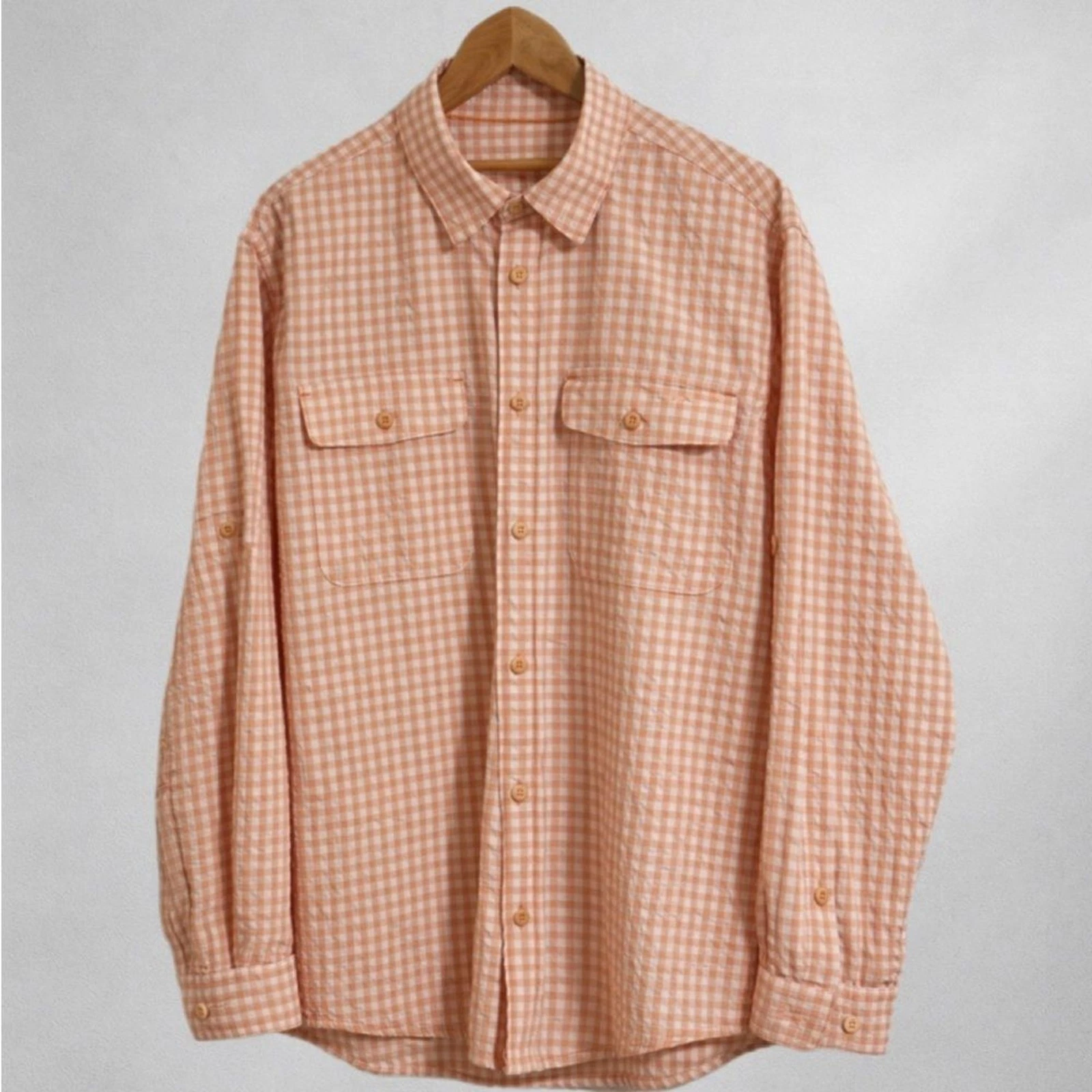 Orvis Active Fit Seersucker Shirt Men’s L Peach Gingham Roll Tab Sleeves Outdoor