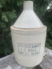 RARE CC Hall Pawtucket RI. New Public Market Stencil Stoneware Crock Jug Bottle