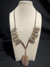 Bohemian Natural Stone Crystal Pendant Necklace Beads on Braided Cord