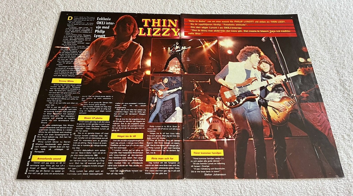 Thin Lizzy 1982 Phil Lynott Clipping Poster Swedish Music
