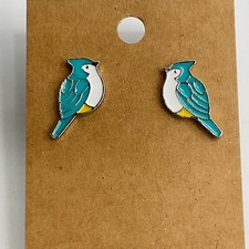 Bird Stud Earrings Silver Tone Cute Enamel Blue Yellow Gift Mother  s Day Teen