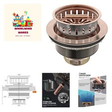 Copper Kitchen Sink Drain Kit 3 1/2 Sink Strainer for Kitchen Sink with Stain...