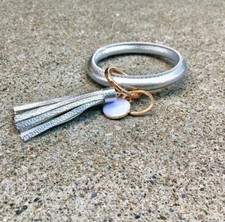 Women Silver Leather Tassel Bracelet Round Keychain Wristlet with Tassel