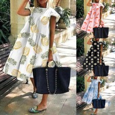 Womens Sundress Holiday Floral Summer Beach Midi Dress Ruffle Dress Oversized