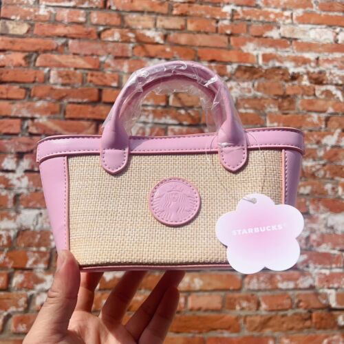 New 2024 China Starbucks Pink Sakura PU Knitted Mini Handbag Phone Bag - Picture 1 of 5