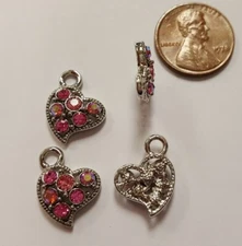 1 ROSE AB RHINESTONE HEART 12mm. SILVER FILIGREE BEAD CHARM PENDANT R815