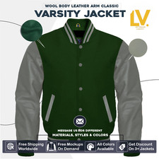 Varsity Letterman Jacket For Men Women  Kids Forest Green Body Gray Sleeves