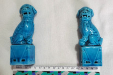 🟢 POCELLANA SMALTATA CINESE BLU TURCHESE  FU Foo COPPIA DI CANI LEONE