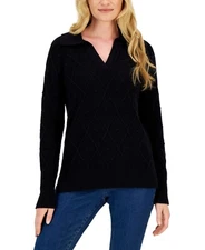 Charter Club Women's Long Sleeve Sweater Modern Diamond- Deep Black Sz M