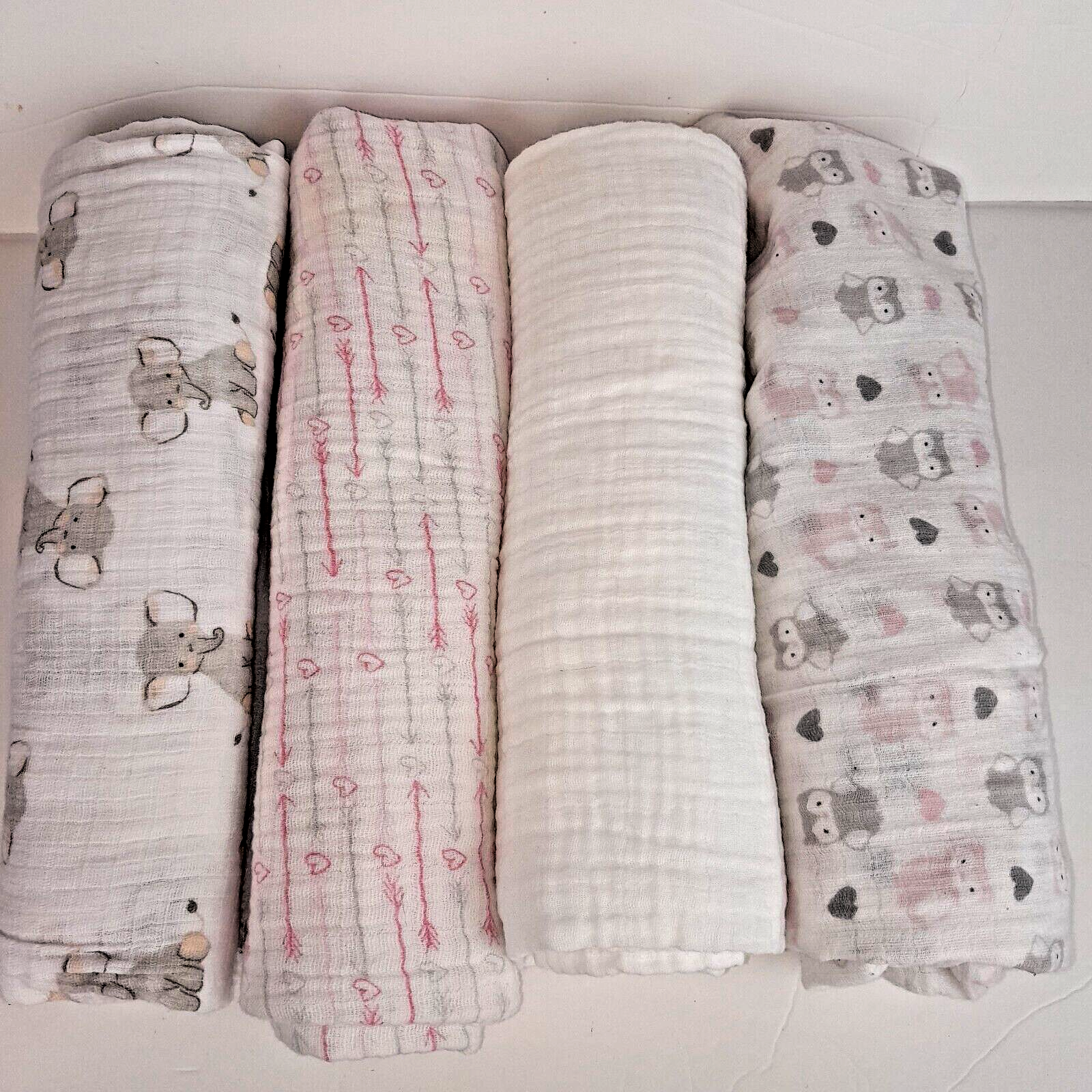 Lot of 4 Baby Swaddle Blankets Gray Pink White Elephants Owls Arrows Muslin-image