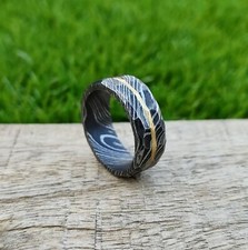 Custom Handmade Damascus Steel Ring Beautiful Brass Filled Ring Band
