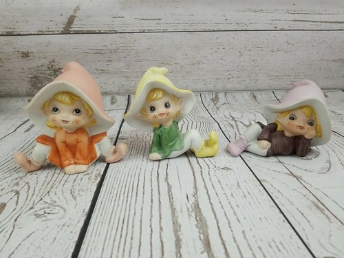 Homco Vintage Set di 3 Elfi Pixie #5213 Bellissimo Set di Elfi Giardino! Così CARINO! - Foto 3 di 12