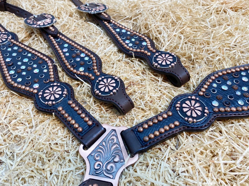 Leather Horse Headstall Set with Black Rhinestone Along with Copper Studs MOUSM - Image 2 of 4