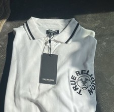 True Religion Men's White Polo Shirt Black Trim Embroidered Logo Short Sleeve