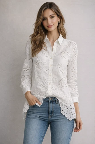 Chartou White Eyelet Shirt Dress Small Button Front Long Sleeve