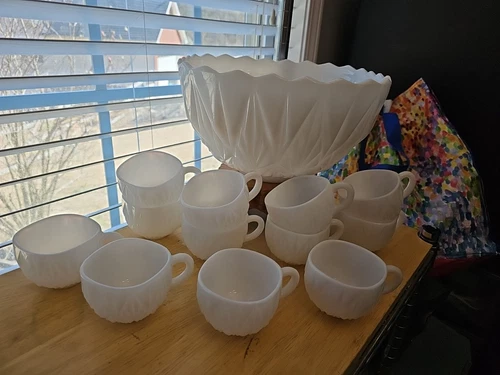 Vintage Hazel Atlas Punch Bowl Set Williamsport Milk Glass 13 PCS USA 1950s