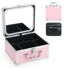 Portable Lockable Makeup Train Case 3Color LED Light Mirror Cosmetic Box