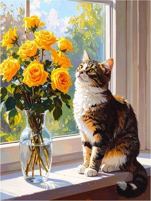Tile Mural Cute Kitten with Yellow Roses Cat Flowers Kitchen Wall Art Backsplash